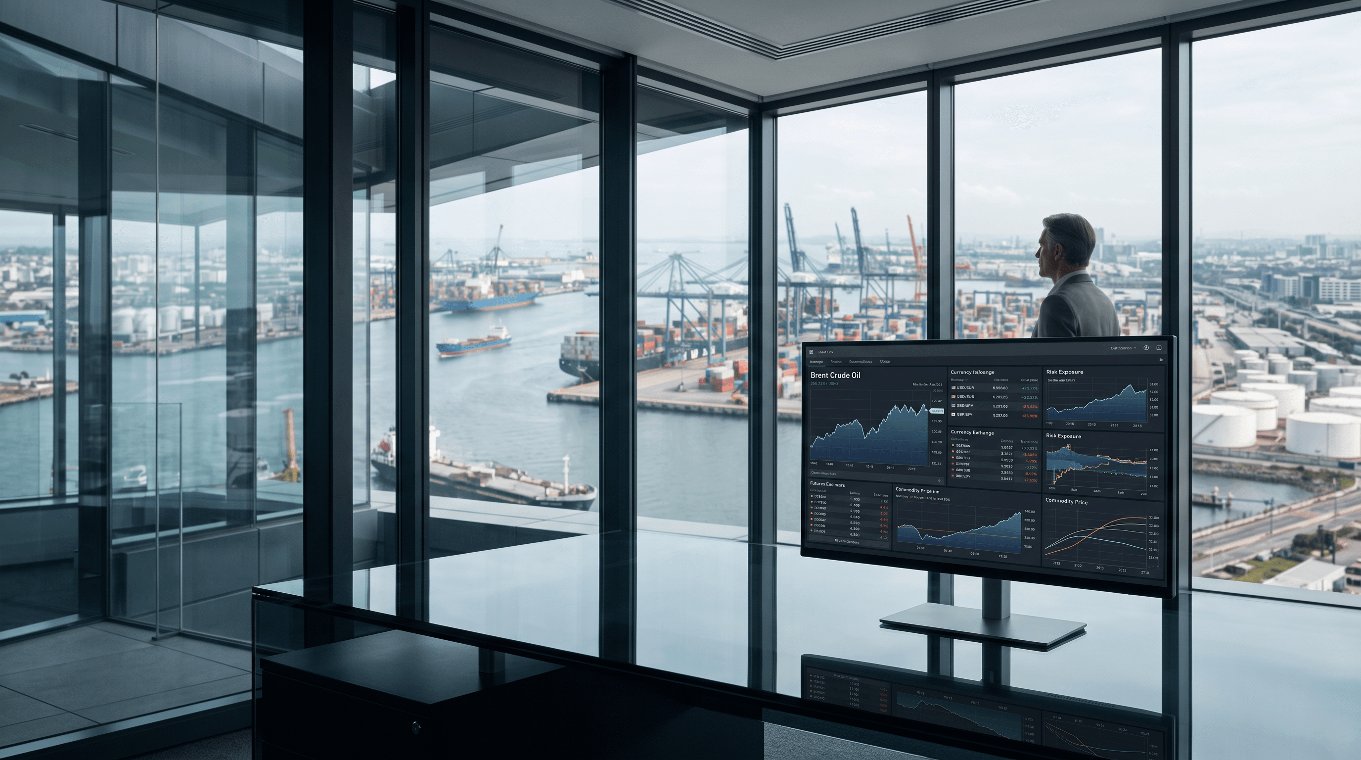 Trading operations overlooking a shipping port