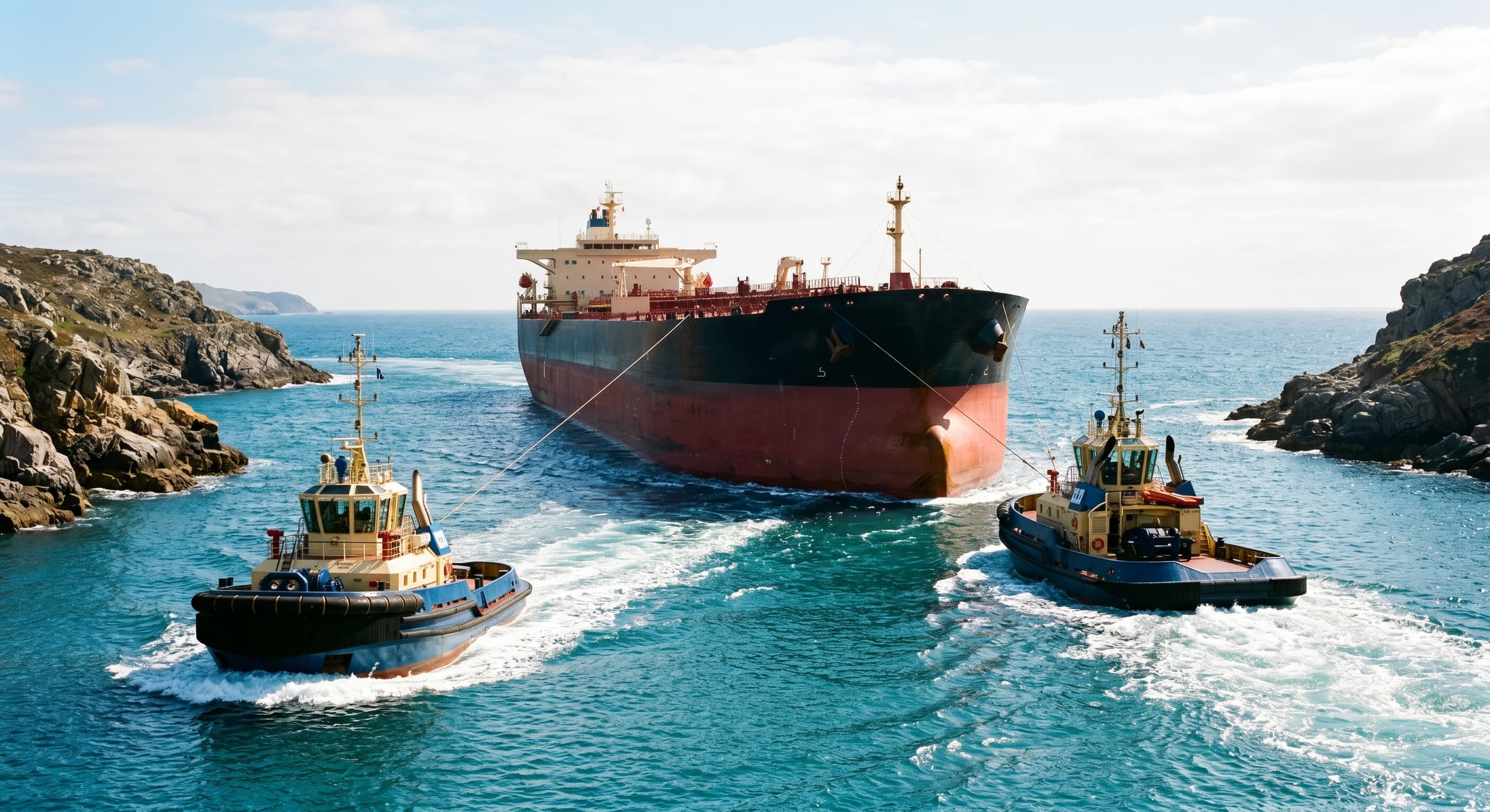 Loaded tanker escorted by tugboats at sea